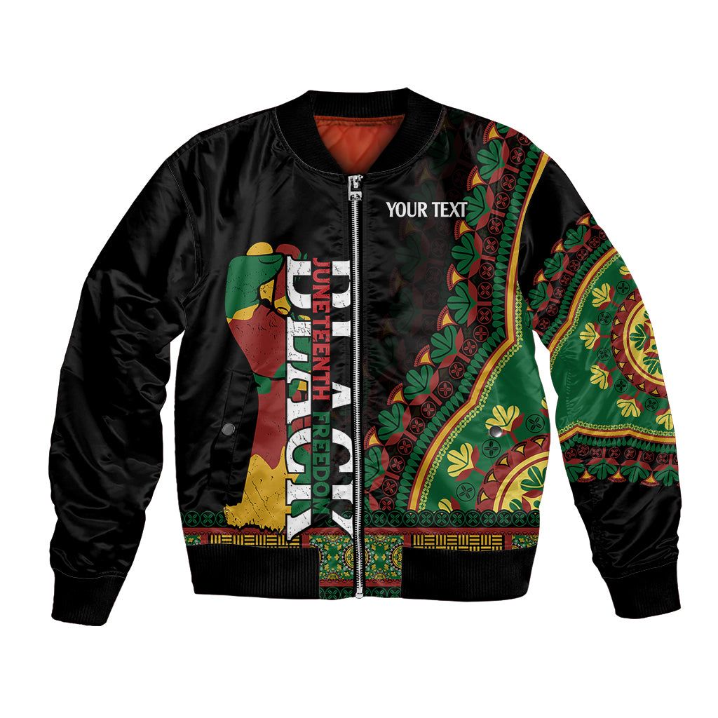 Unisex black bomber jacket with colorful African-inspired graphic front and ribbed hem