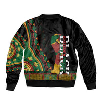 Unisex black bomber jacket with green floral side panels and central vertical graphic