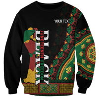 Black unisex sweatshirt with multicolor African pattern and vertical Juneteenth graphic