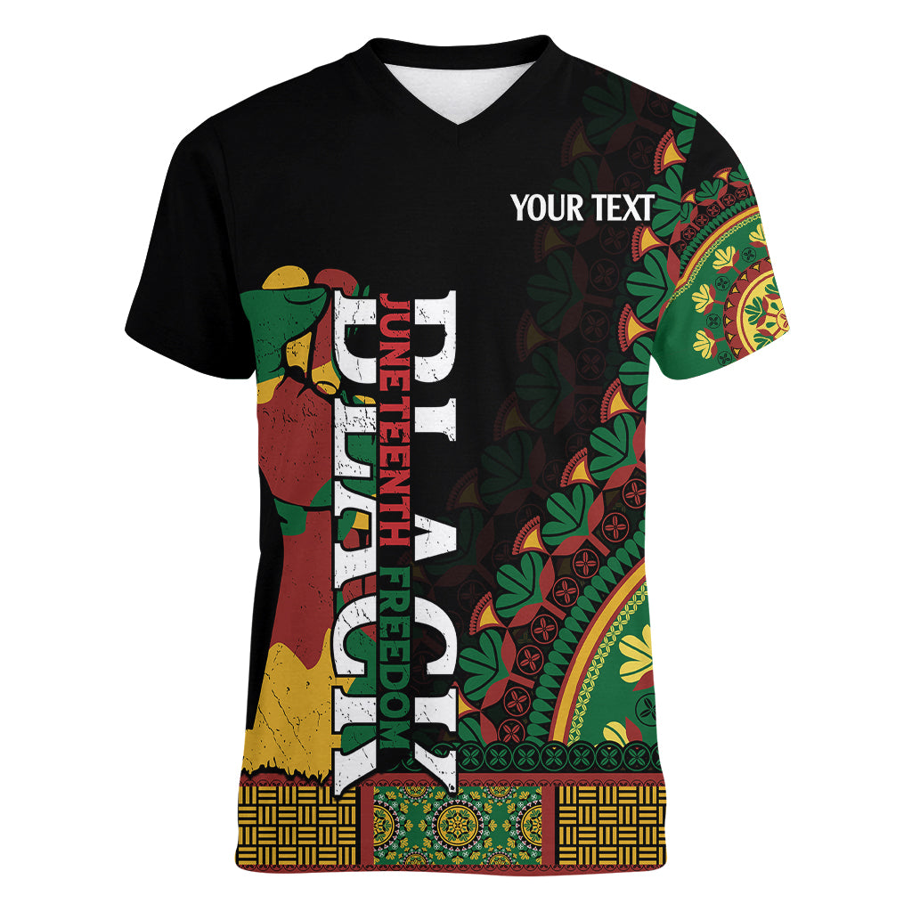 Custom Jundteenth Women V Neck T Shirt Black Jundteenth Freedom Africa Pattern - Wonder Print Shop