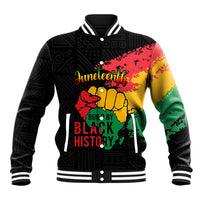 Black varsity baseball jacket with striped ribbed collar, snap front, Juneteenth graphic