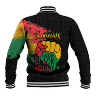 Black baseball jacket back with striped ribbed collar and large Juneteenth Black History print