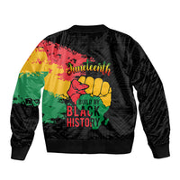 Black unisex bomber jacket with back zipper and Juneteenth Black History fist graphic