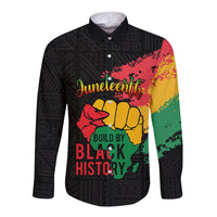 Black long-sleeve button shirt with Juneteenth logo, raised fist, Build by Black History print
