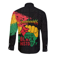 Black long-sleeve button shirt with colorful Juneteenth graphic panels and Build by Black History