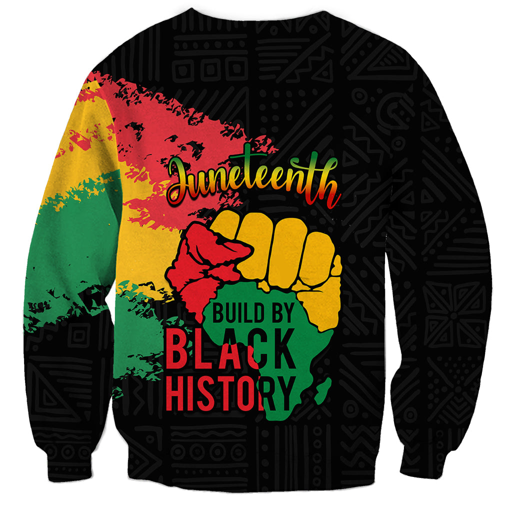 Black unisex crewneck sweatshirt back with Juneteenth graphic, fist and rose, multicolor