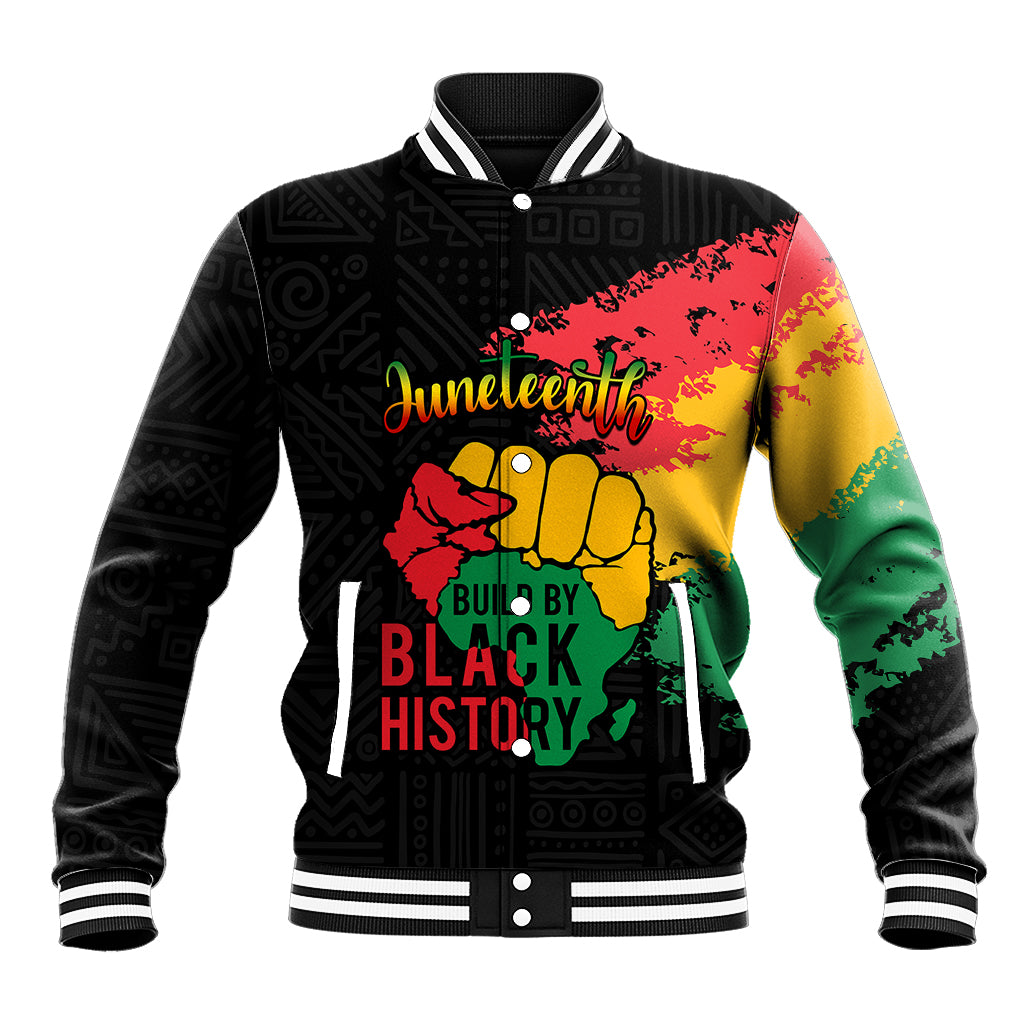 Black baseball jacket with colorful Juneteenth and “Build by Black History” graphic, snap front