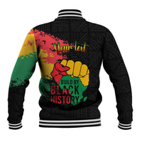 Black baseball jacket back with colorful splatter and “Build by Black History” graphic, snap front