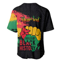 Black baseball jersey with back graphic and 'Your text' in red, green, yellow