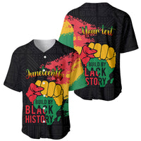Black baseball jersey showing front and back Juneteenth design with 'Build by Black History'