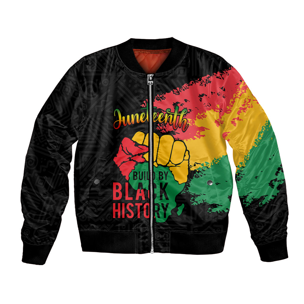 Black unisex bomber jacket with Juneteenth and Black History front graphic and fist