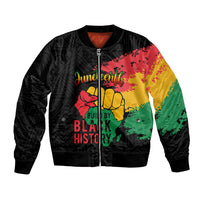 Black unisex bomber jacket with Juneteenth and Black History front graphic and fist