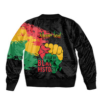 Black unisex bomber jacket with back graphic, fist, Juneteenth text and Black History