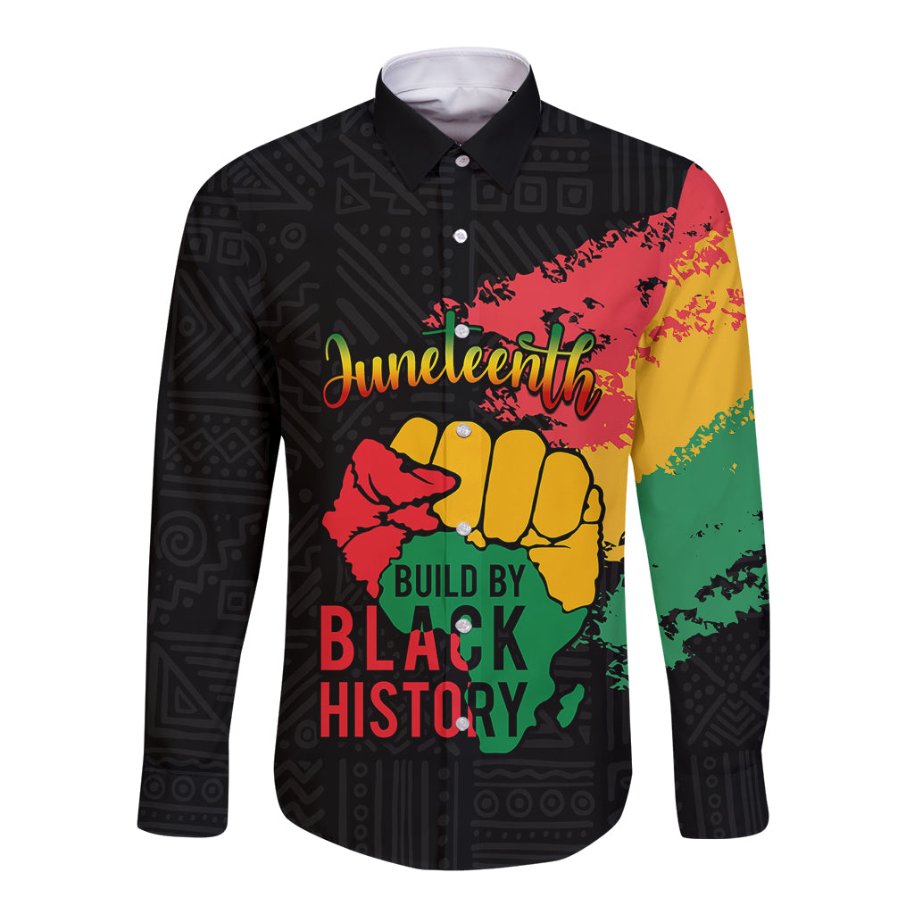 Black long-sleeve button shirt with Juneteenth and fist 'Build by Black History' print
