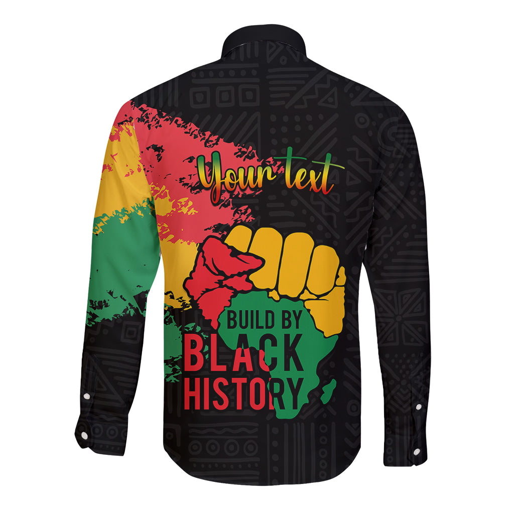 Black long-sleeve button shirt back with 'Your Text' and fist 'Build by Black History' print