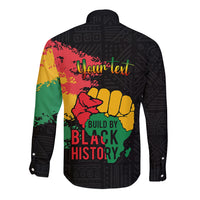Black long-sleeve button shirt back with 'Your Text' and fist 'Build by Black History' print