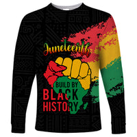 Black long-sleeve shirt with Juneteenth graphic, Build by Black History text and fist