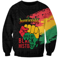 Black crewneck sweatshirt with Juneteenth 'Build by Black History' graphic
