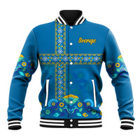 Blue baseball jacket with button front, multicolor floral band and striped collar cuffs.