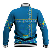 Blue baseball jacket, back view, vertical patterned band and striped ribbed hem and cuffs.