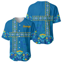 Blue Sweden baseball jersey set showing front “Sverige” and back with patterned cross
