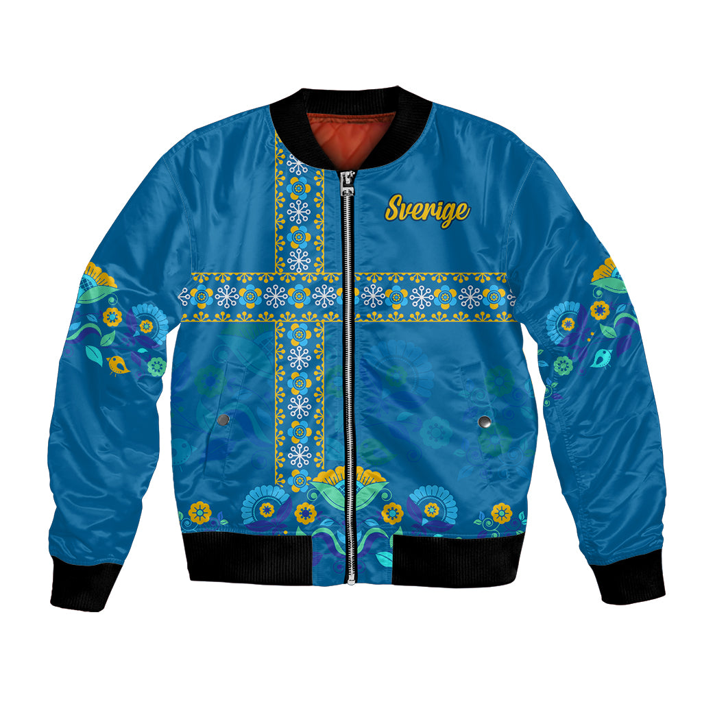 Blue bomber jacket with black ribbed trim, zip front, and 'Sverige' cross floral front panel