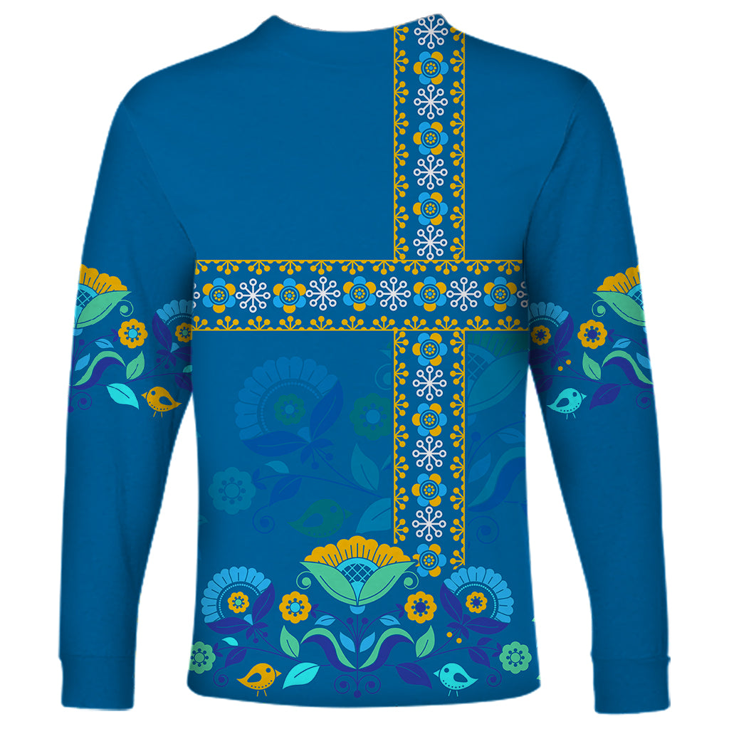 Blue long-sleeve shirt with Swedish cross folk pattern, birds and flowers