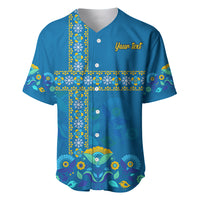 Blue baseball jersey with Swedish cross pattern and 'Your text' on front