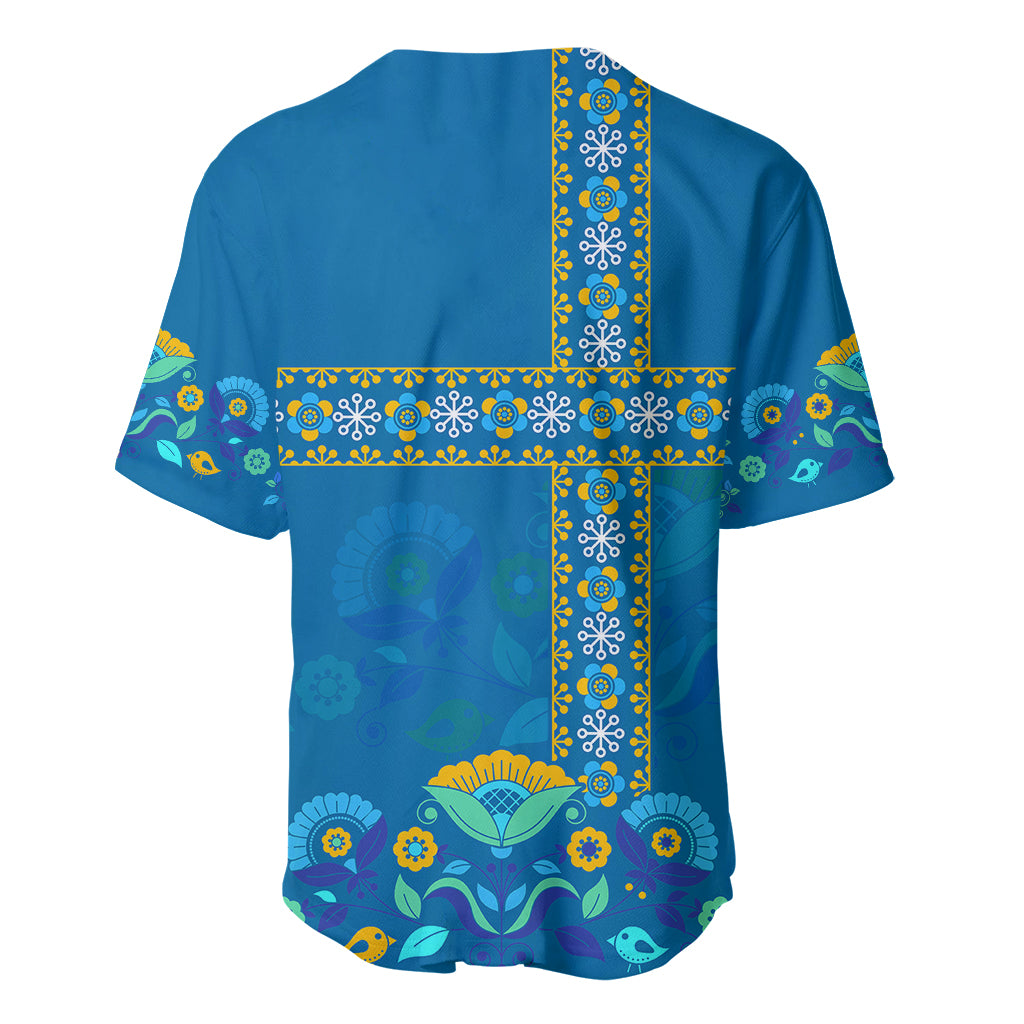Blue baseball jersey with Swedish cross pattern on back
