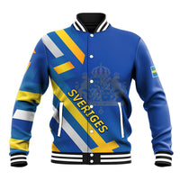 Blue baseball jacket with striped rib collar, button front, SVERIGES print and yellow accents
