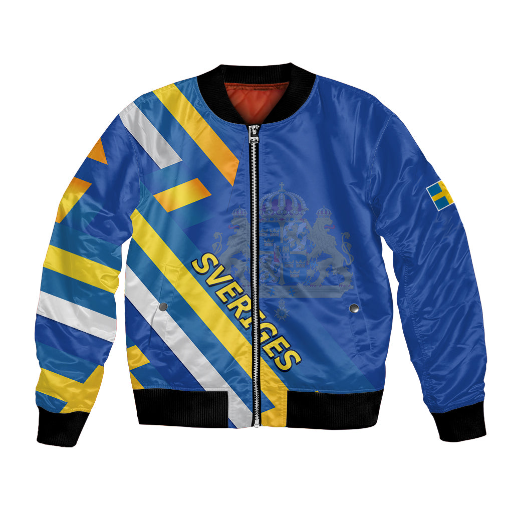 Blue bomber jacket with Swedish flag stripes, front zip, 'SVERIGES' text