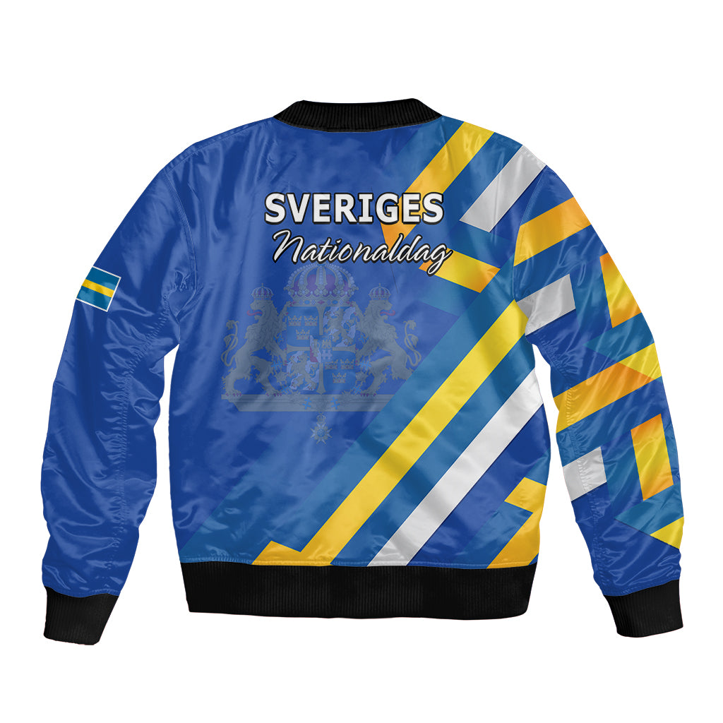 Blue bomber jacket with Swedish flag stripes, back print 'Sveriges Nationaldag'