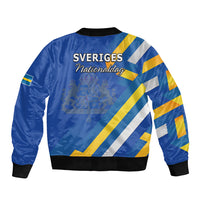Blue bomber jacket with Swedish flag stripes, back print 'Sveriges Nationaldag'