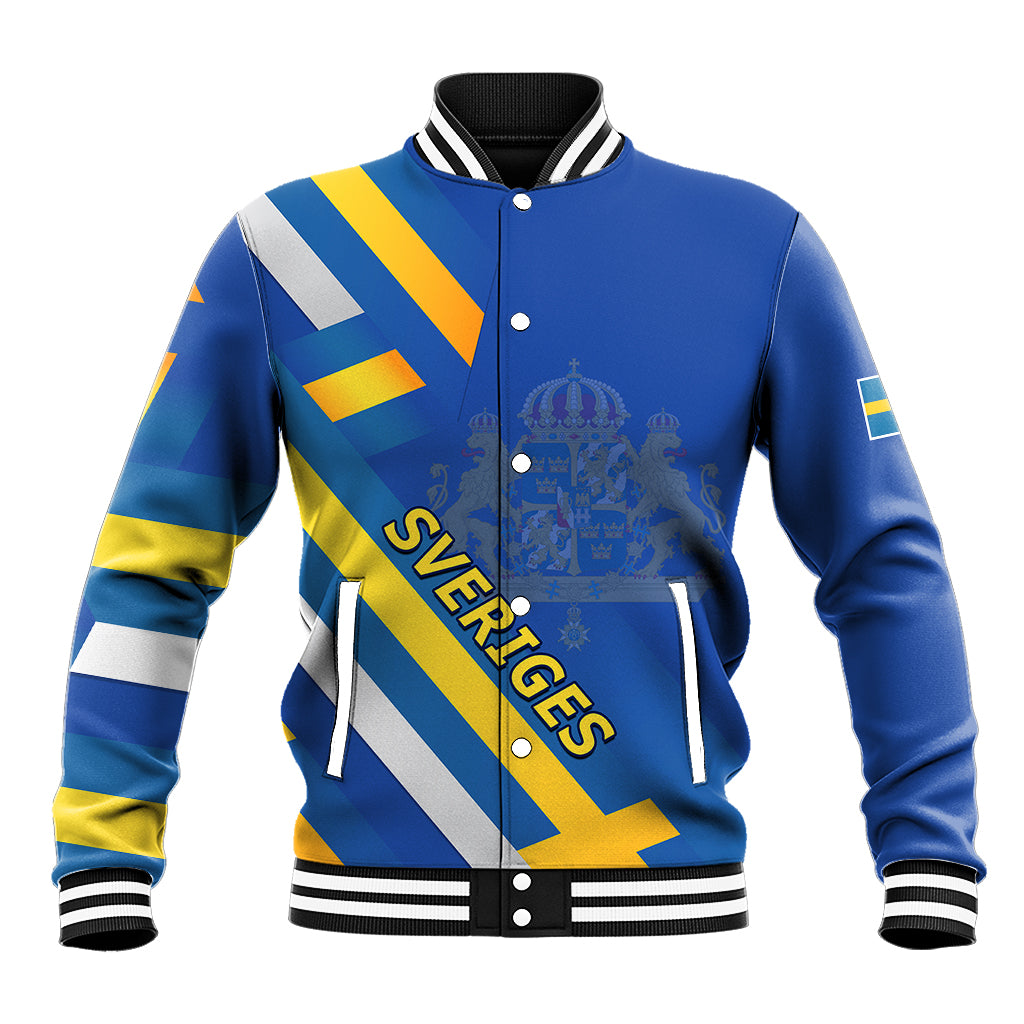 Blue varsity baseball jacket with Swedish flag stripes and crest, snap buttons