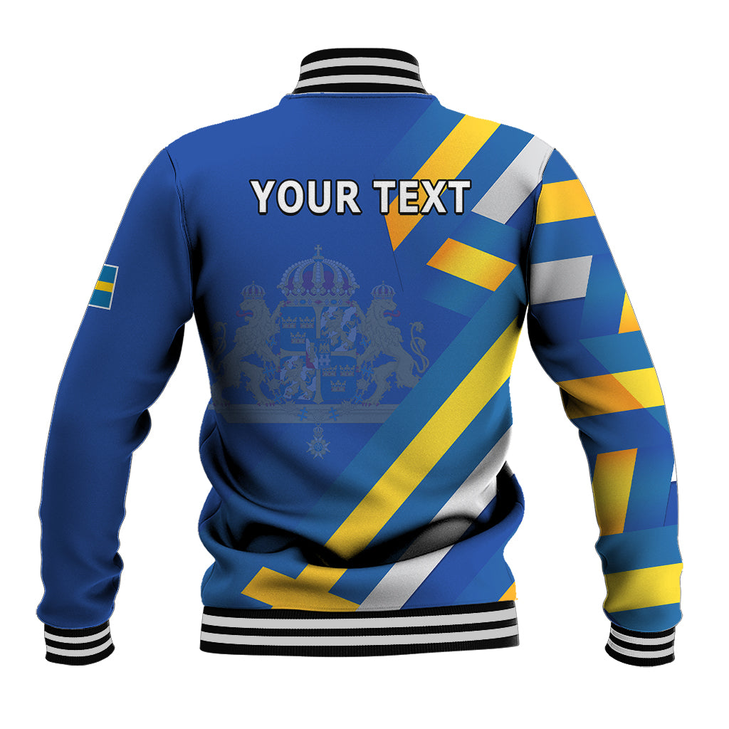Blue varsity baseball jacket back with Swedish flag stripes, striped rib trim