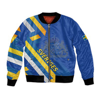 Blue bomber jacket with Sweden flag stripes, front zipper, ribbed cuffs, 'SVERRIGES'.