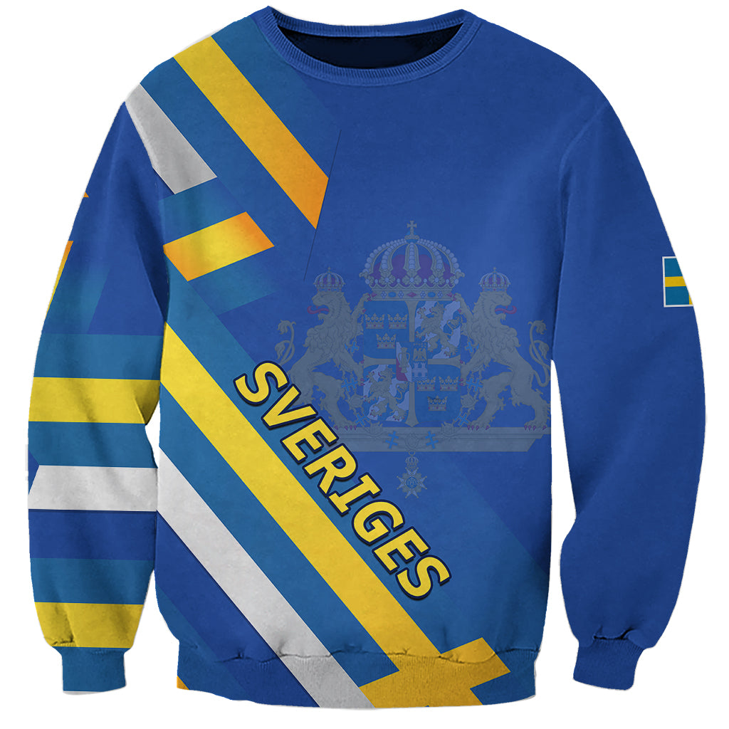 Blue crewneck sweatshirt with Swedish flag stripes and crown emblem on front
