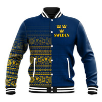 Blue baseball jacket with yellow crown, Sweden print, Nordic pattern, snap buttons