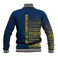 Blue baseball jacket back with yellow Nordic pattern and vertical KONUNGARIKET SVERIGE
