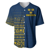 Blue baseball jersey with yellow Sweden text, crowns, and Scandinavian ornament pattern
