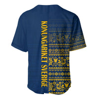 Blue baseball jersey with yellow vertical back text and Scandinavian ornament pattern