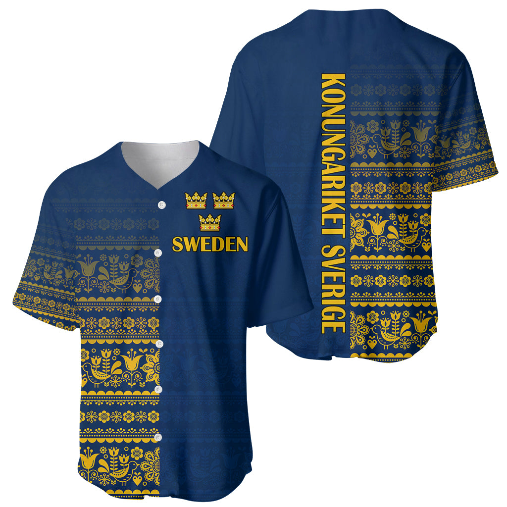 Pair of blue baseball jerseys with yellow Sweden front print and back Scandinavian pattern