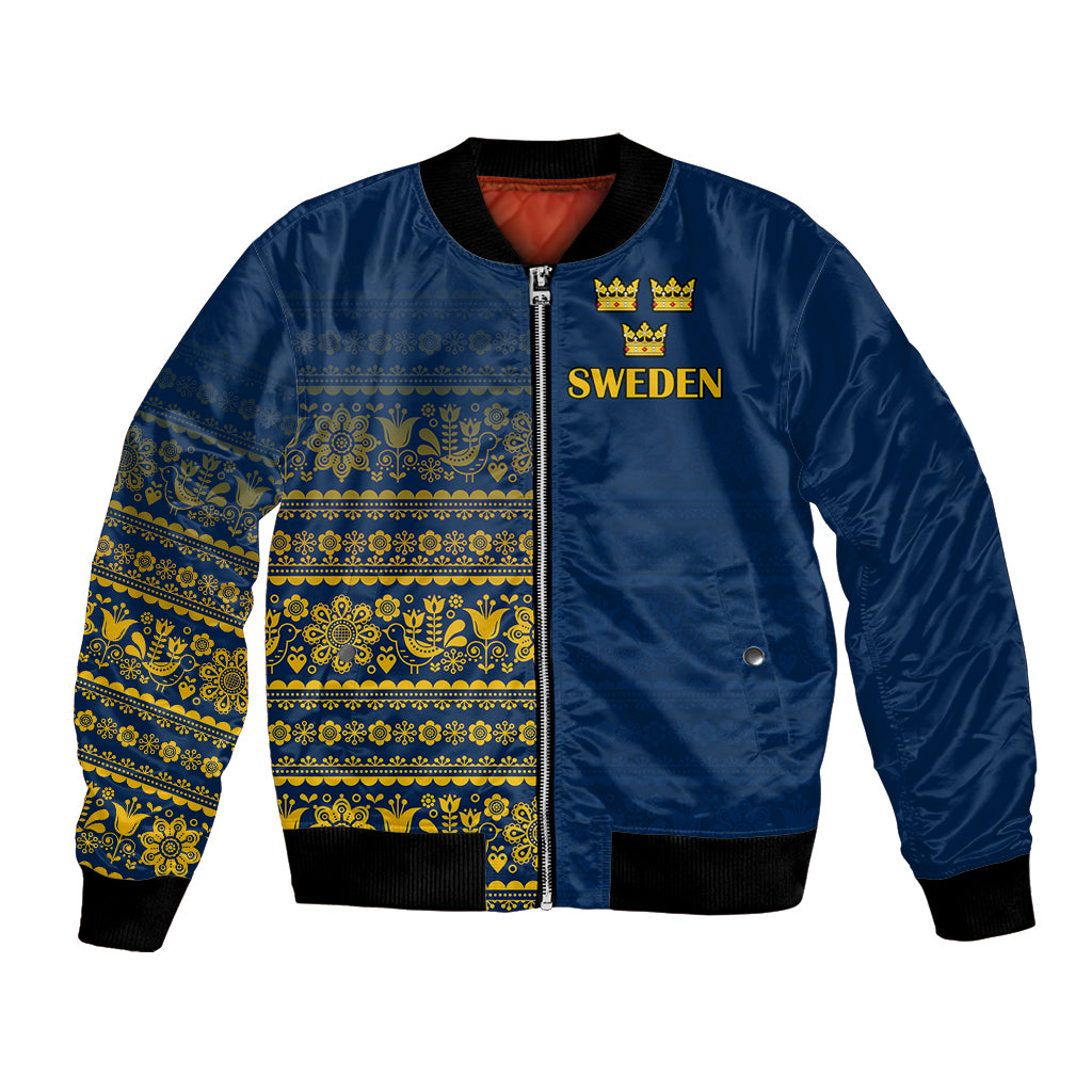 Blue satin bomber jacket with front zipper and yellow Nordic pattern panel