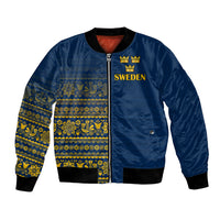 Blue satin bomber jacket with front zipper and yellow Nordic pattern panel