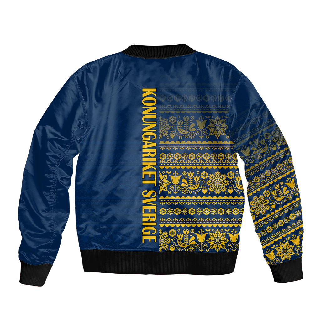 Blue bomber jacket back with Nordic band pattern and vertical lettering