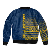 Blue bomber jacket back with Nordic band pattern and vertical lettering