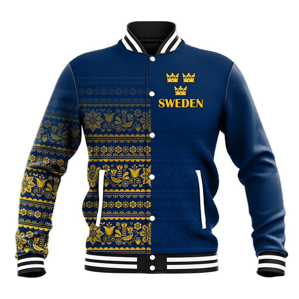 Blue varsity baseball jacket with yellow crown, Sweden print, and patterned front stripes