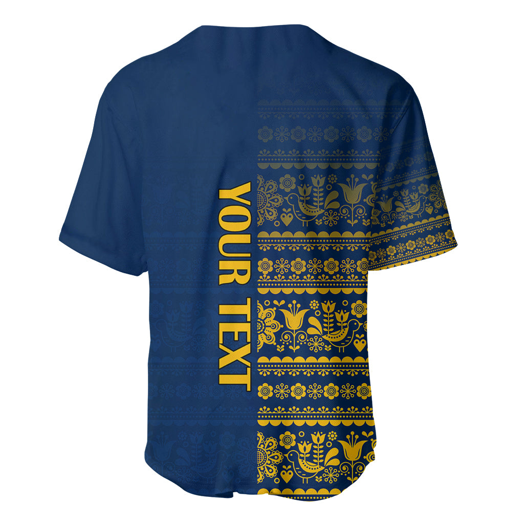 Blue Sweden baseball jersey, back view, yellow vertical text and folk stripe pattern