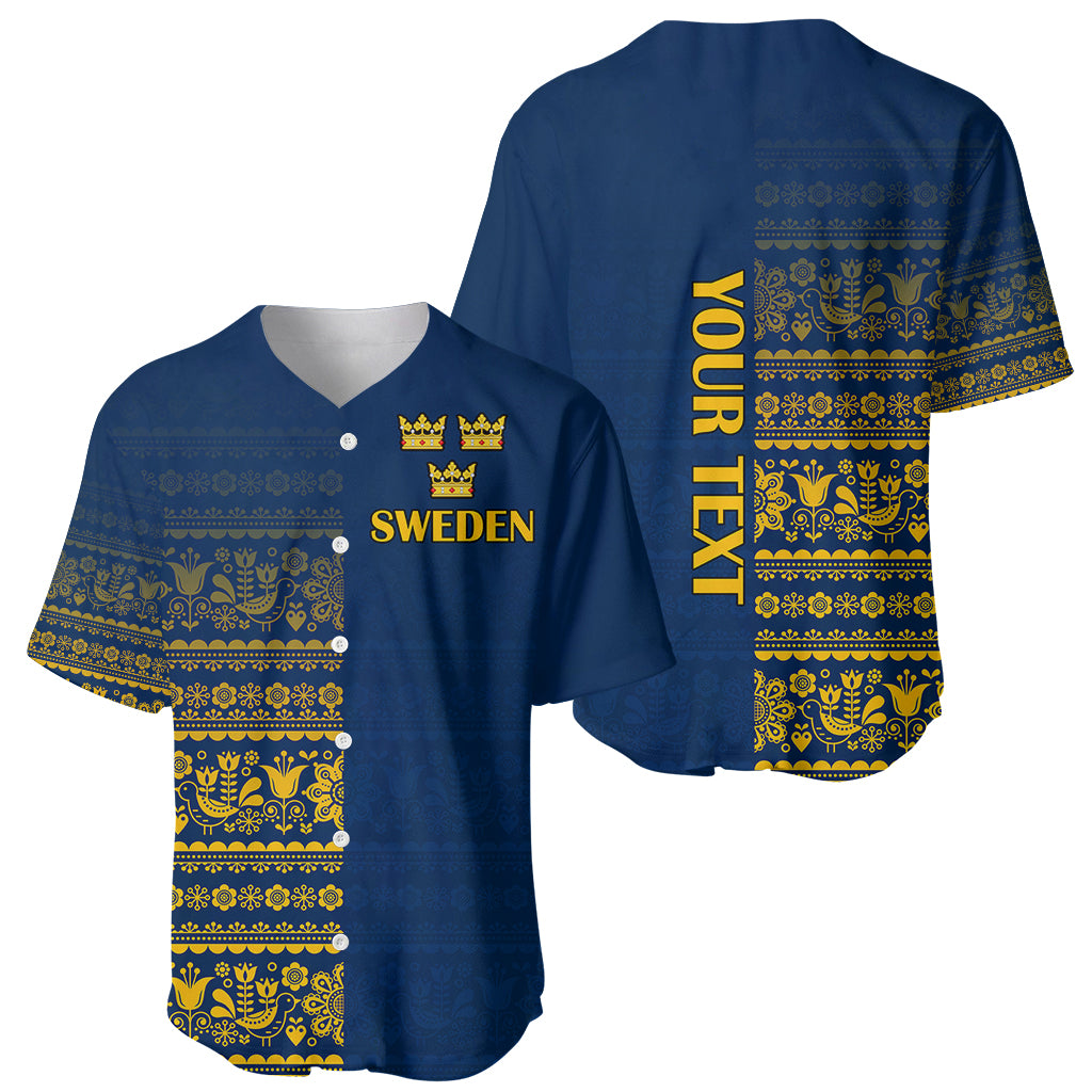 Blue Sweden baseball jersey, front and back, yellow crown and vertical text with folk stripes