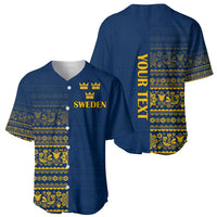 Blue Sweden baseball jersey, front and back, yellow crown and vertical text with folk stripes